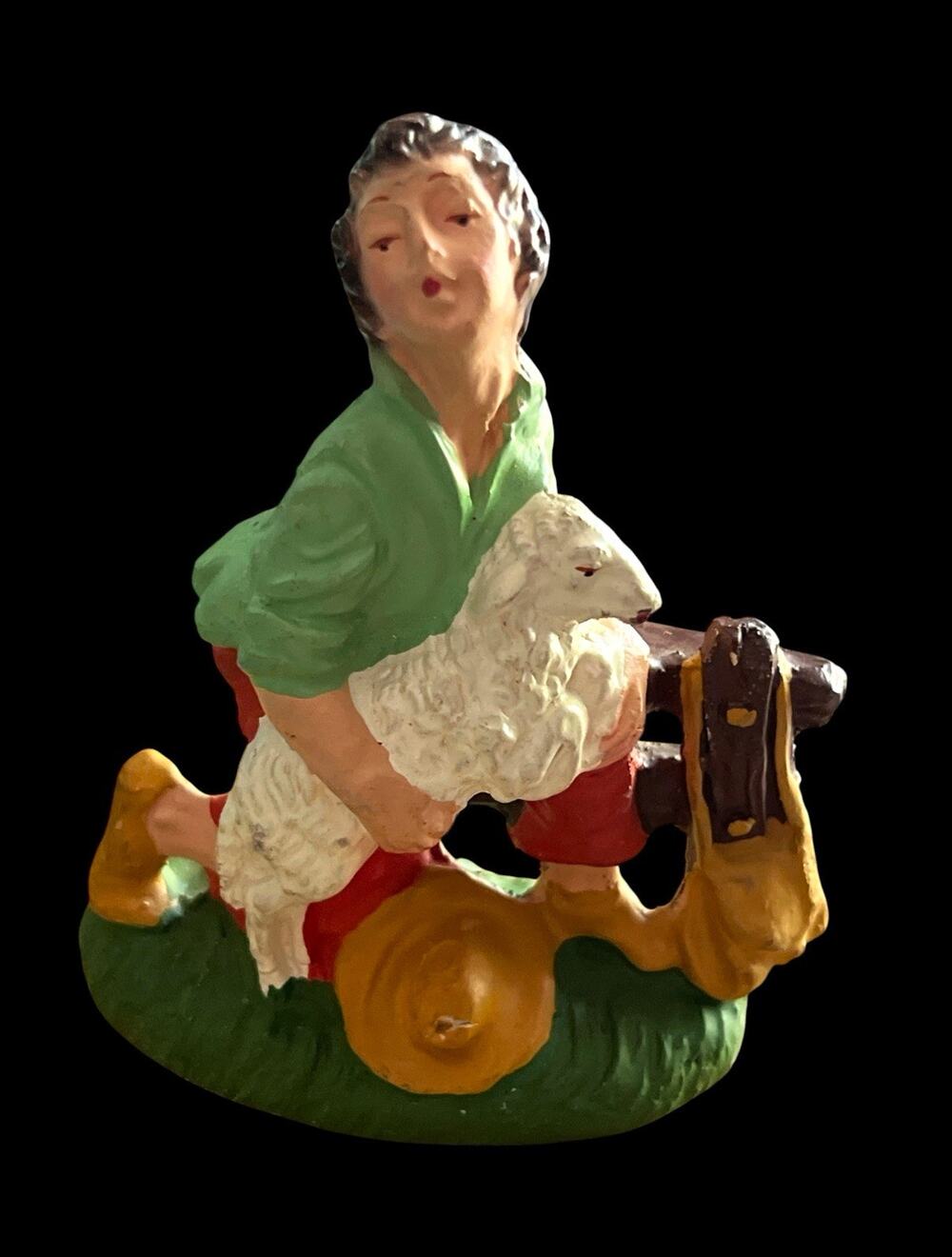 Hand Painted Multicolor Ceramic Figurine Boy Holding Lamb Italy Animal Theme